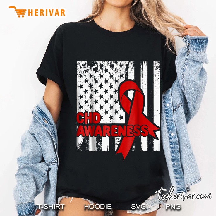 CHD Awareness Red Ribbon American Flag Version Ladies Tee