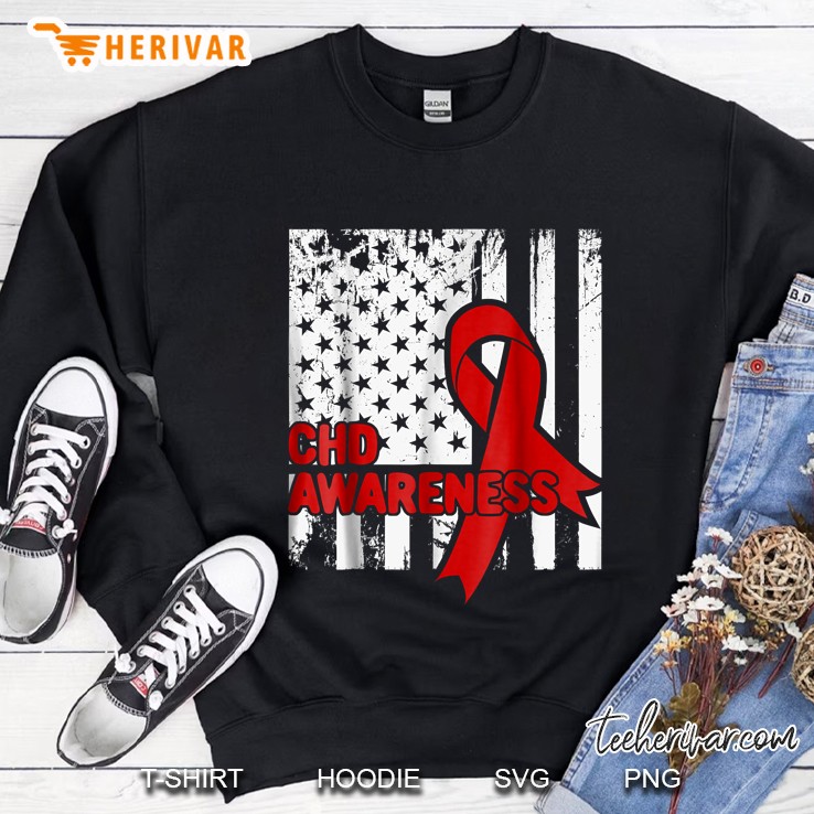 CHD Awareness Red Ribbon American Flag Version Sweatshirt