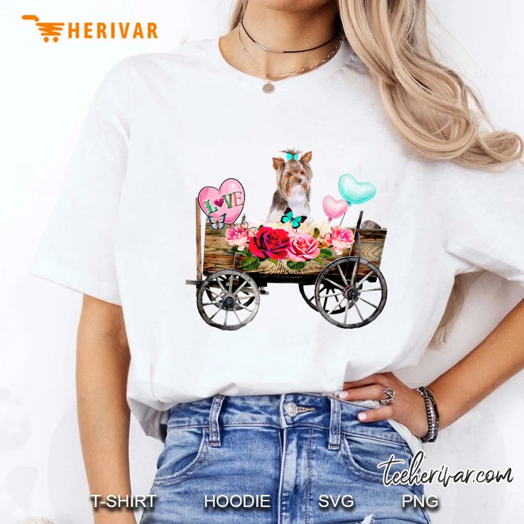 Yorkie On A Floral Wagon Ladies Tee