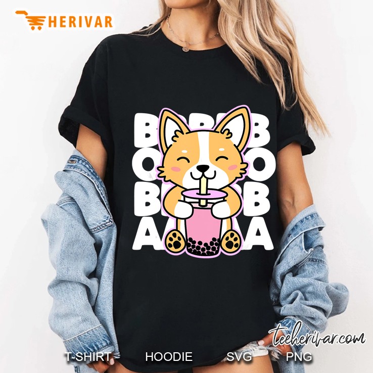 Kawaii Boba Cute Anime Dog Corgi Kawaii Tea Drink Dark Ladies Tee