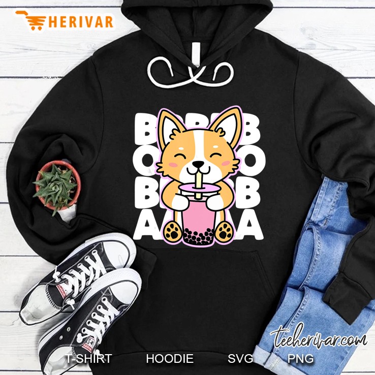 Kawaii Boba Cute Anime Dog Corgi Kawaii Tea Drink Dark Hoodie