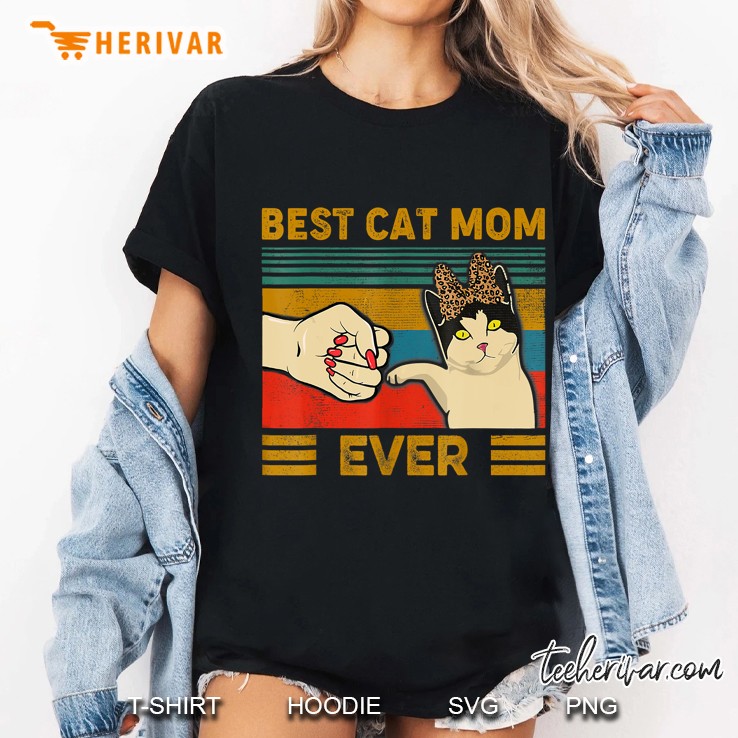 Best Cat Mom Ever Leopard Bow Cat Fist Bump Vintage Version Ladies Tee