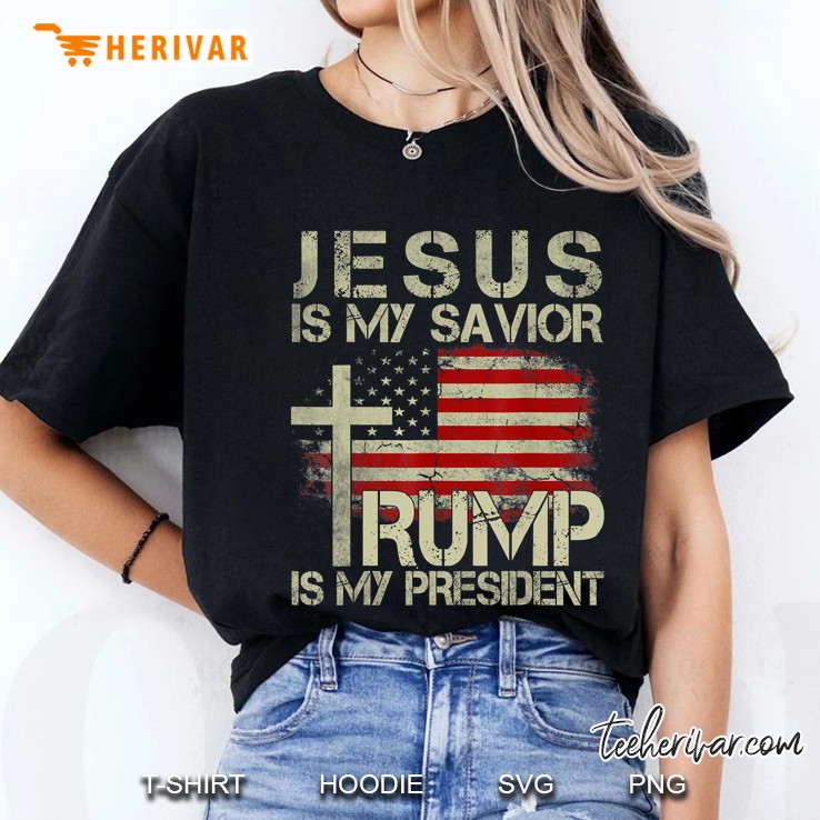 Jesus Is My Savior Trump Is My President Cross And American Flag Grunge Version Ladies Tee