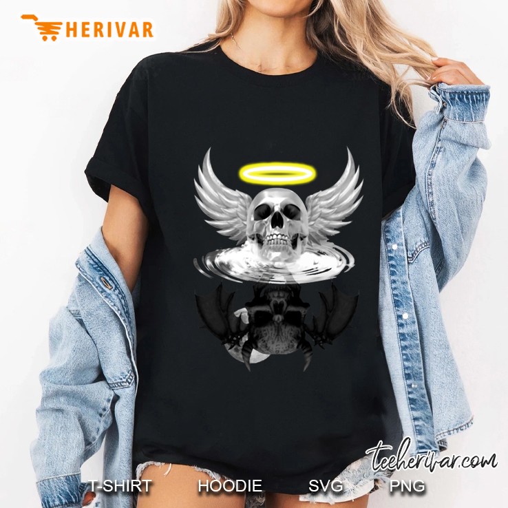 Demon Skull Reflected By The Angel Skull On Water Surface Ladies Tee