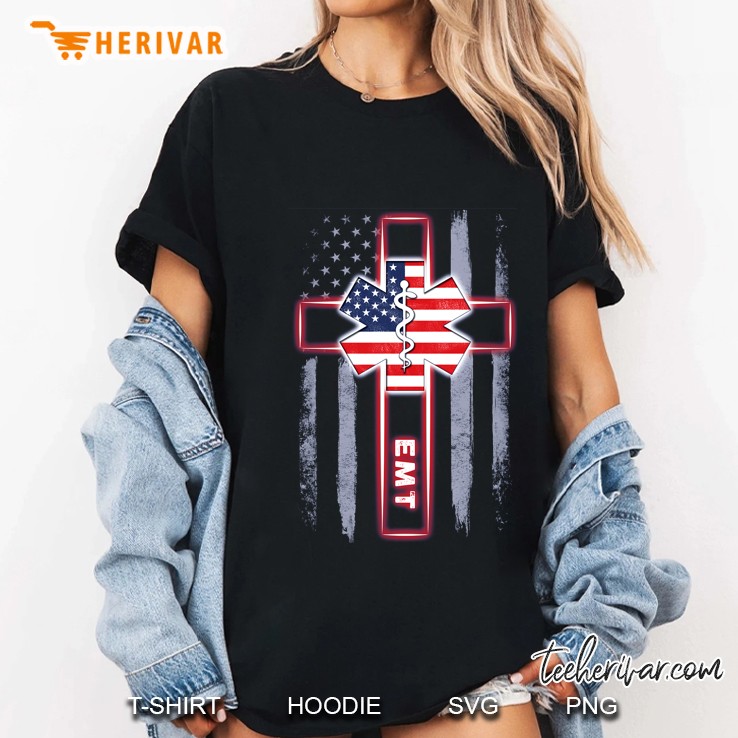 EMT Emergency Medical Technician American Flag And Cross Version Ladies Tee