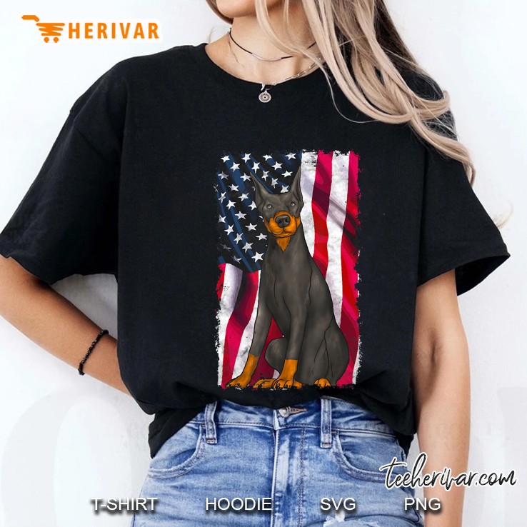 Doberman Pinscher American Flag 4th Of July US Patriotic Dog Ladies Tee