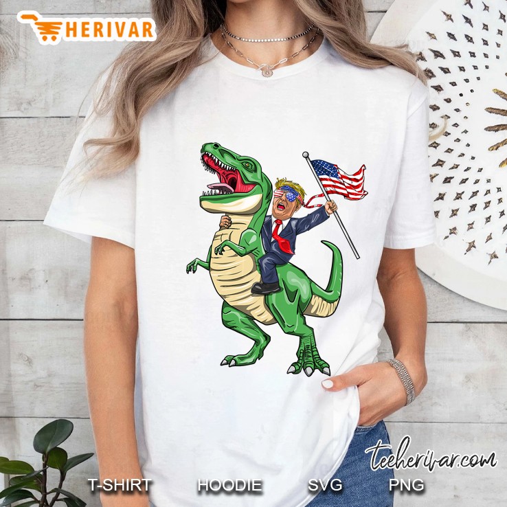 T Rex Dinosaur With Trump American Flag Ladies Tee