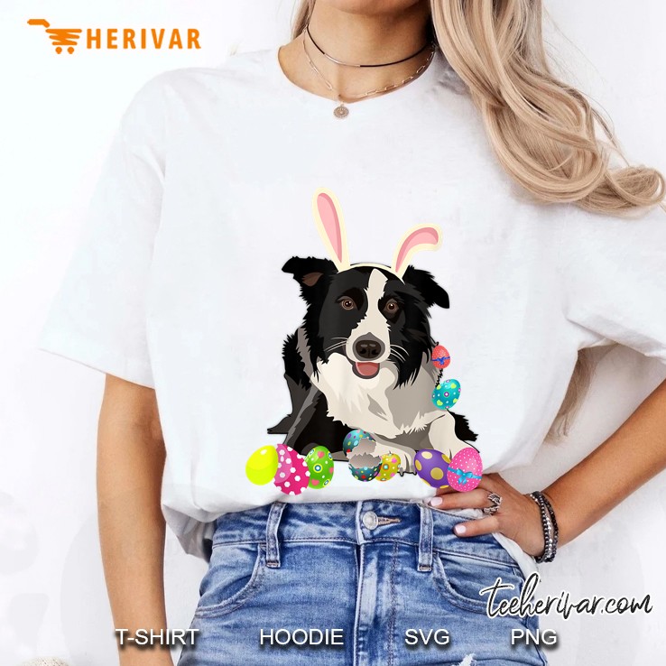Border Collie Dog Bunny Rabbit Hat Easter Eggs Ladies Tee