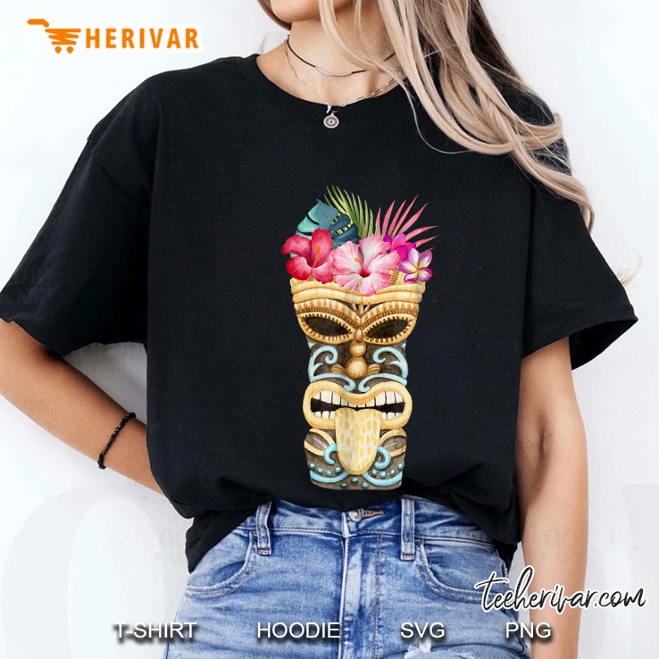 Tiki Totem Pole With Tropical Flowers Ladies Tee