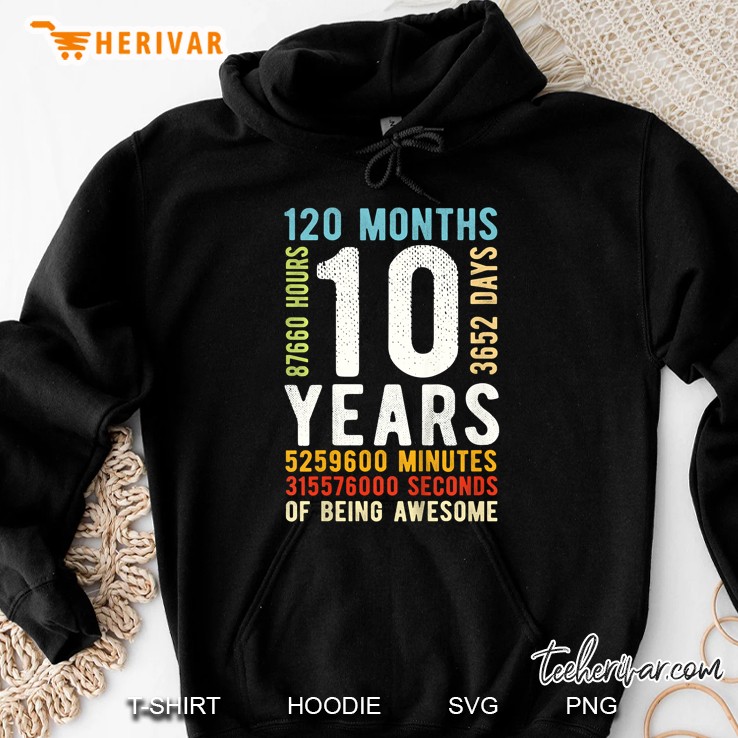 10 Years 120 Months 3652 Days, 87660 Hours Of Being Awesome Vintage Version Hoodie