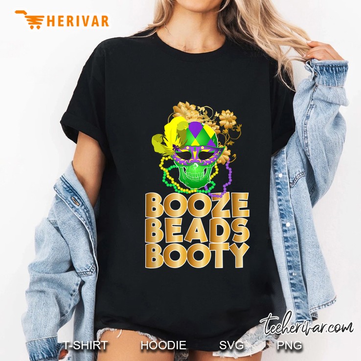Booze Beads Booty Mardi Gras Skull Version Ladies Tee