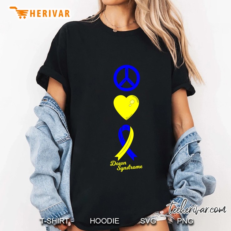 Peace Sign Heart And Ribbon Down Syndrome Ladies Tee