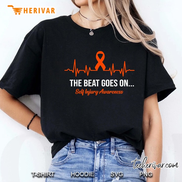 The Beat Goes On Self Injury Awareness Orange Ribbon Heartbeat Version Ladies Tee
