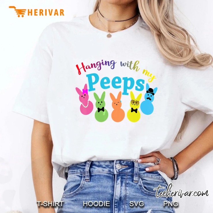 Colorful Bunny Hanging With My Peeps Easter Ladies Tee