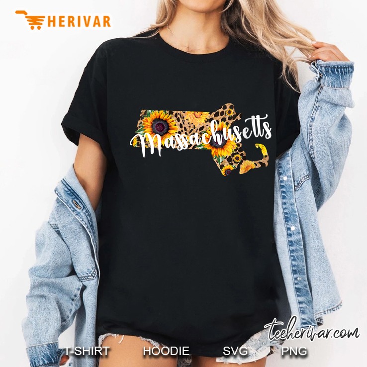 Massachusetts Sunflower Leopard Print Ladies Tee