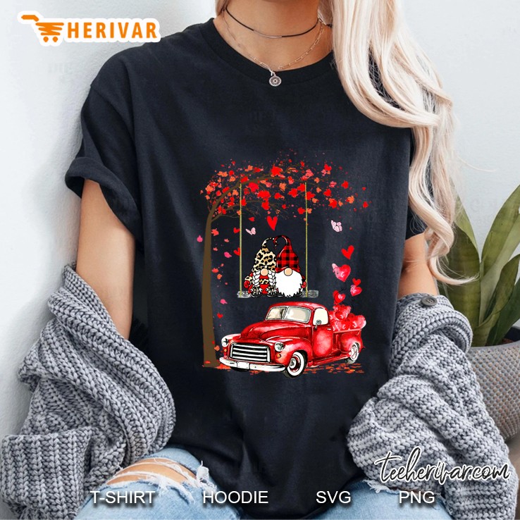 Couple Of Gnomes Sitting On A Swing Under A Red Maple Beside A Red Car Ladies Tee