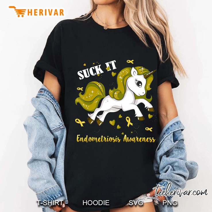Suck It Endometriosis Awareness Gold Ribbon And Unicorn Version Ladies Tee