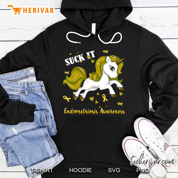 Suck It Endometriosis Awareness Gold Ribbon And Unicorn Version Hoodie