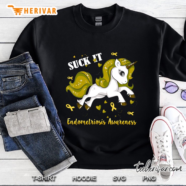 Suck It Endometriosis Awareness Gold Ribbon And Unicorn Version Sweatshirt