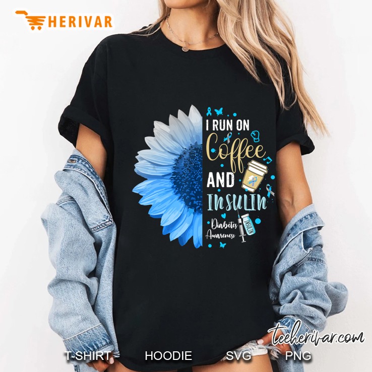 I Run On Coffee And Insulin Diabetes Awareness Blue Sunflower Version Ladies Tee