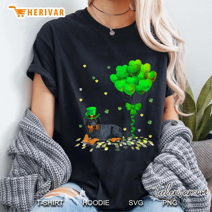 Leprechaun Rottweiler Green Heart Balloons Version Ladies Tee