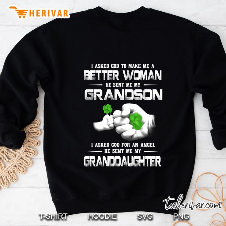 I Asked God To Make Me A Better Woman He Sent Me My Grandson Fist Bump Four Leaf Clover Version Mugs