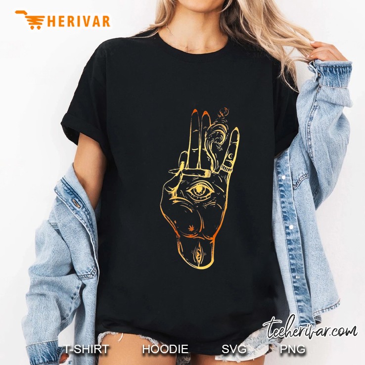 Hand With An Eye In The Middle Of The Palm Holding A Weed Joint Ladies Tee