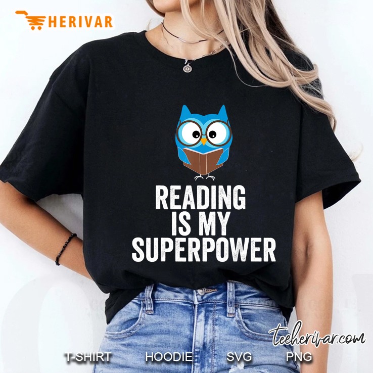 Reading Is My Superpower Blue Nerd Owl Version Ladies Tee