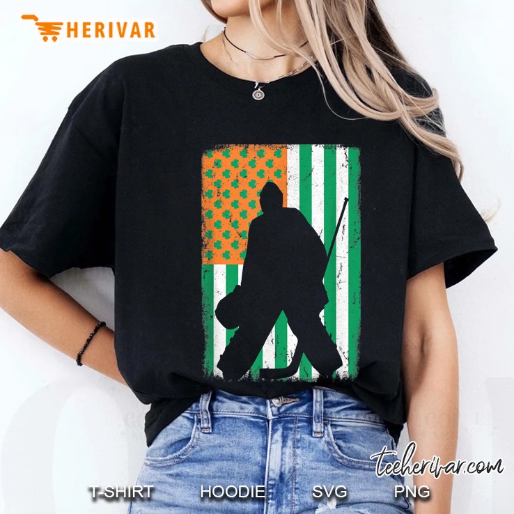 Ice Hockey Goalie Silhouette Shamrock American Flag Version Ladies Tee