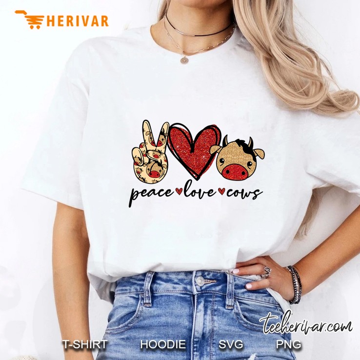 Peace Love Cows Peace Sign Hand Red Heart And Cute Cow Head Version Ladies Tee