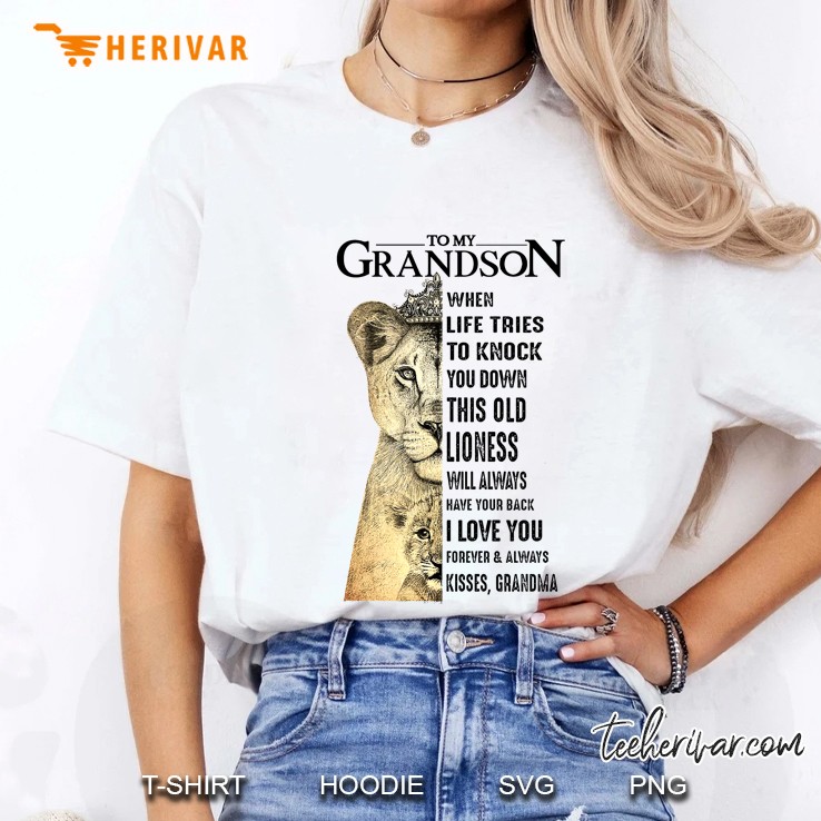 To My Grandson When Life Tries To Knock You Down This Old Lioness Will Always Have Your Back Ladies Tee