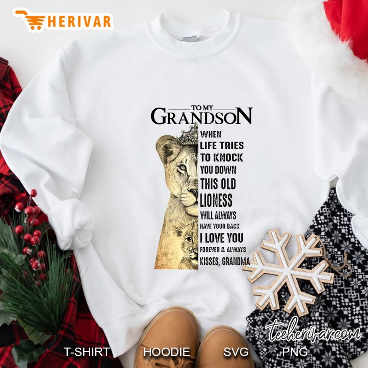 To My Grandson When Life Tries To Knock You Down This Old Lioness Will Always Have Your Back Sweatshirt