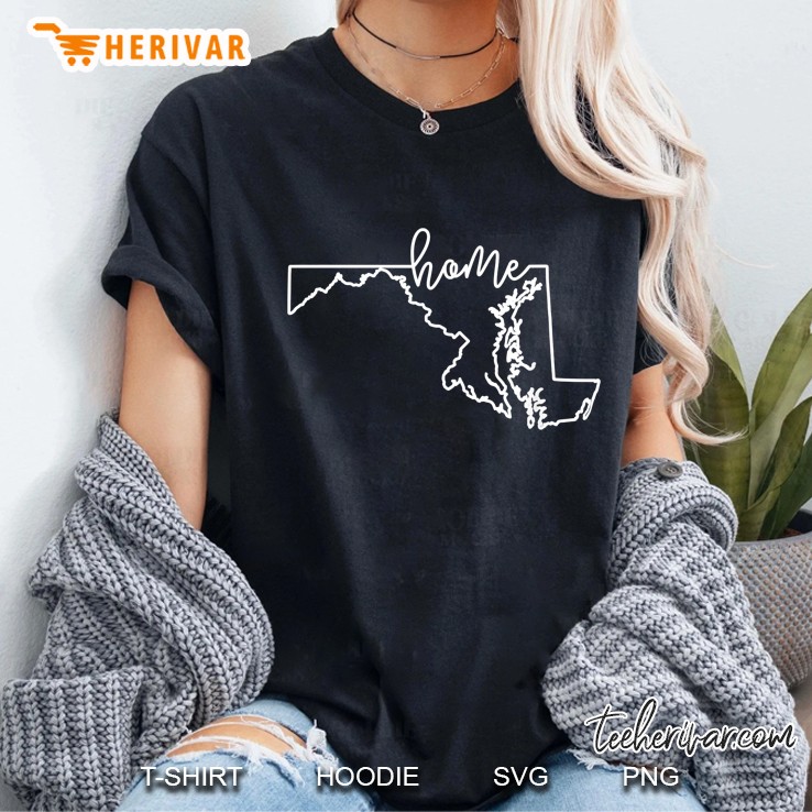 State Of Maryland Outline With Home Script Ladies Tee