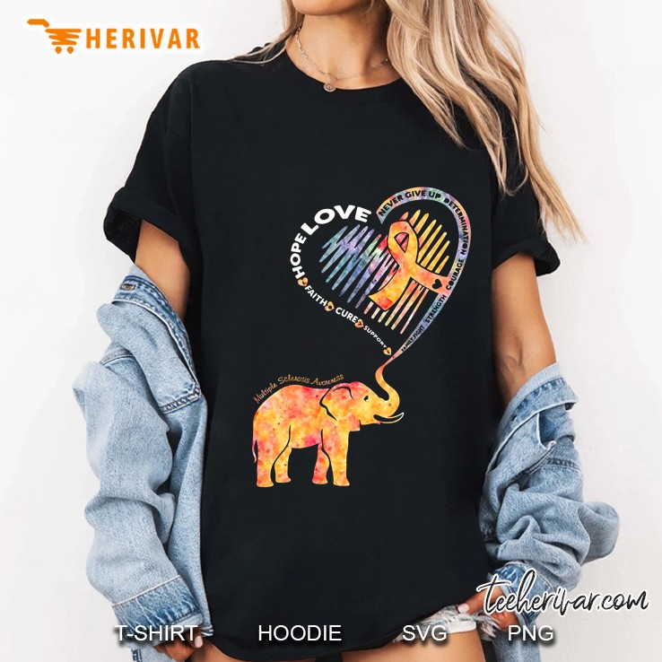 Hope Love Faith Cure Support Multiple Sclerosis Awareness Elephant Orange Ribbon And Heart Version Hoodie