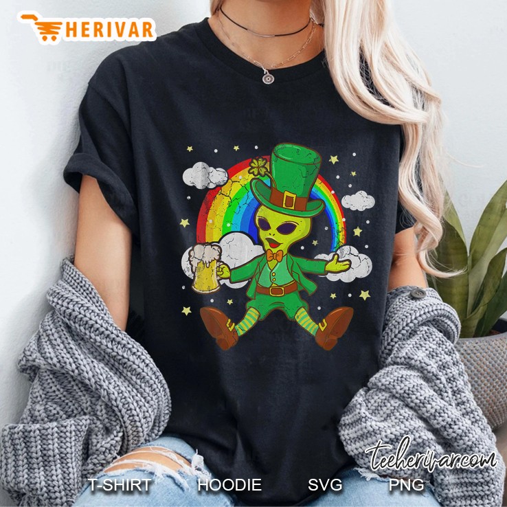 Leprechaun Alien Drinking Beer Rainbow Grunge Version Ladies Tee