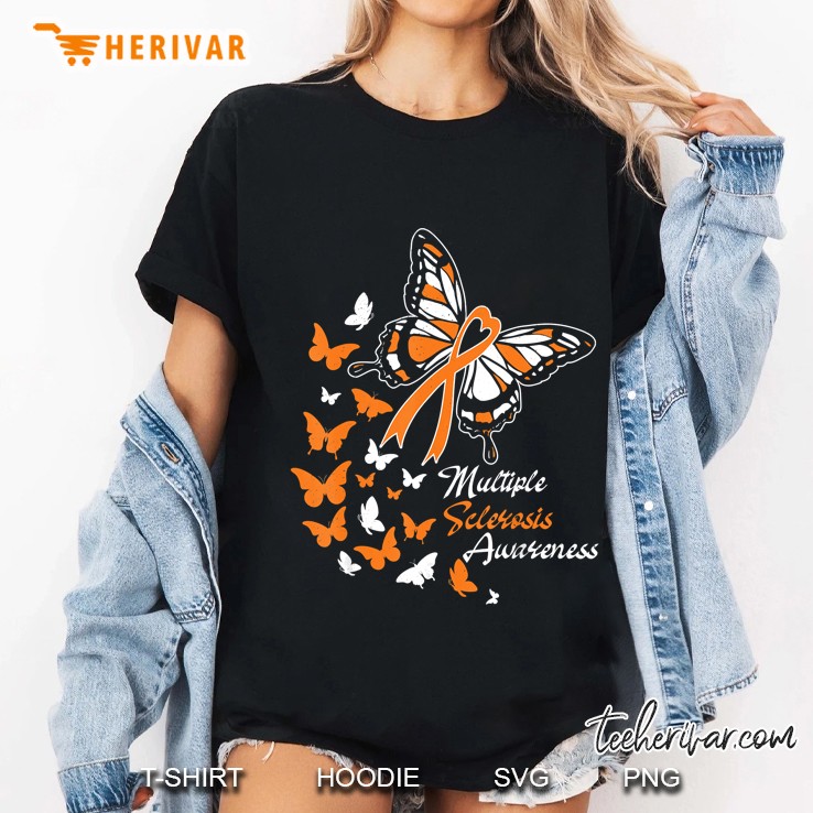 Multiple Sclerosis Awareness Orange Ribbon Butterflies Version Ladies Tee