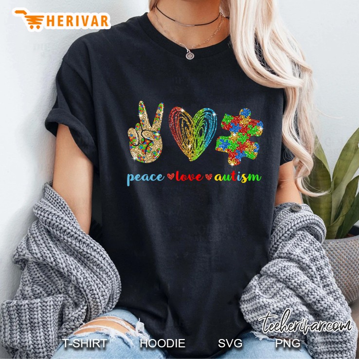 Peace Love Autism Peace Sign Hand Colorful Heart And Puzzle Piece Version Ladies Tee