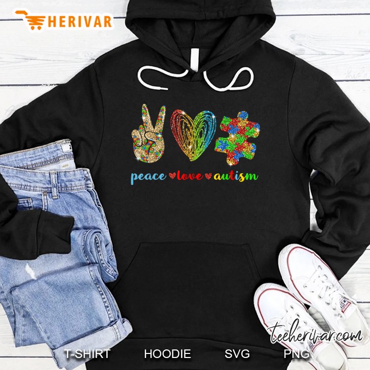 Peace Love Autism Peace Sign Hand Colorful Heart And Puzzle Piece Version Hoodie