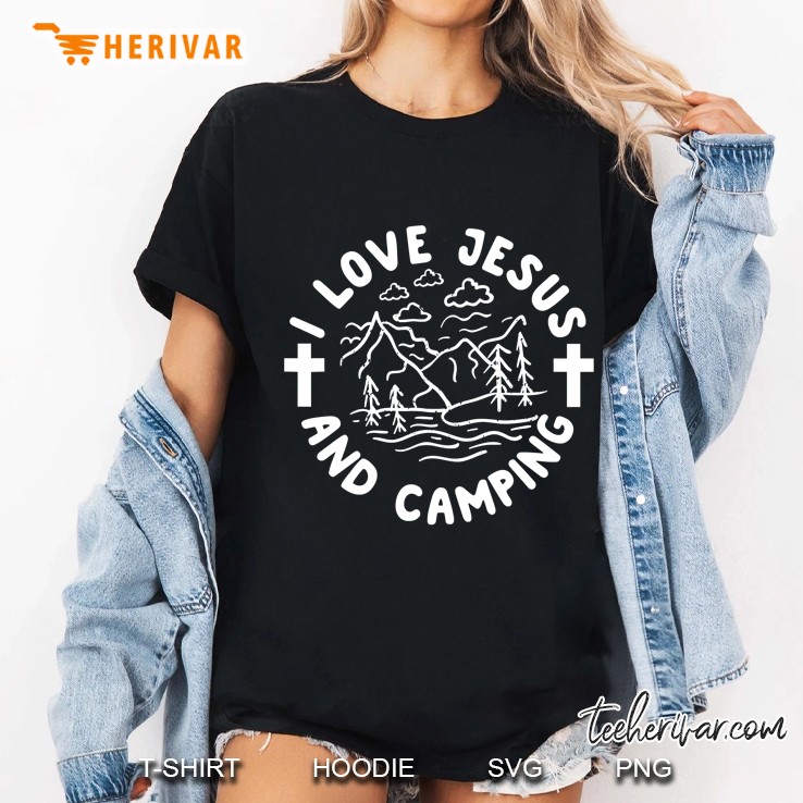 I Love Jesus And Camping Mountain And Cross Version Ladies Tee