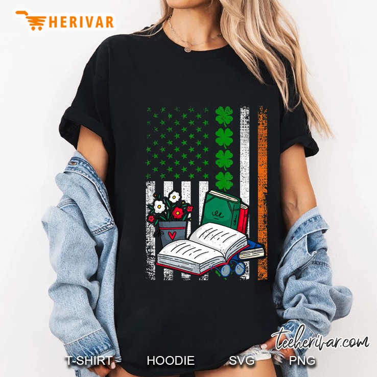 Book Beside Flower Pot Four Leaf Clover Irish American Flag Version Ladies Tee