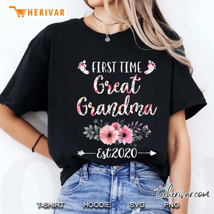 First Time Great Grandma Est 2020 Floral Version Ladies Tee