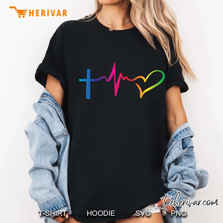 Rainbow Cross Heartbeat And Heart Ladies Tee