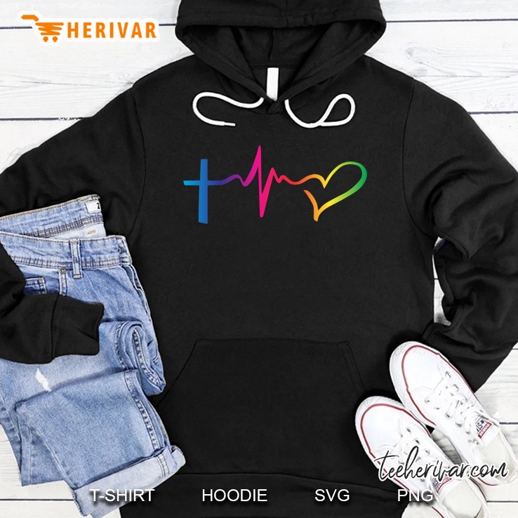 Rainbow Cross Heartbeat And Heart Hoodie