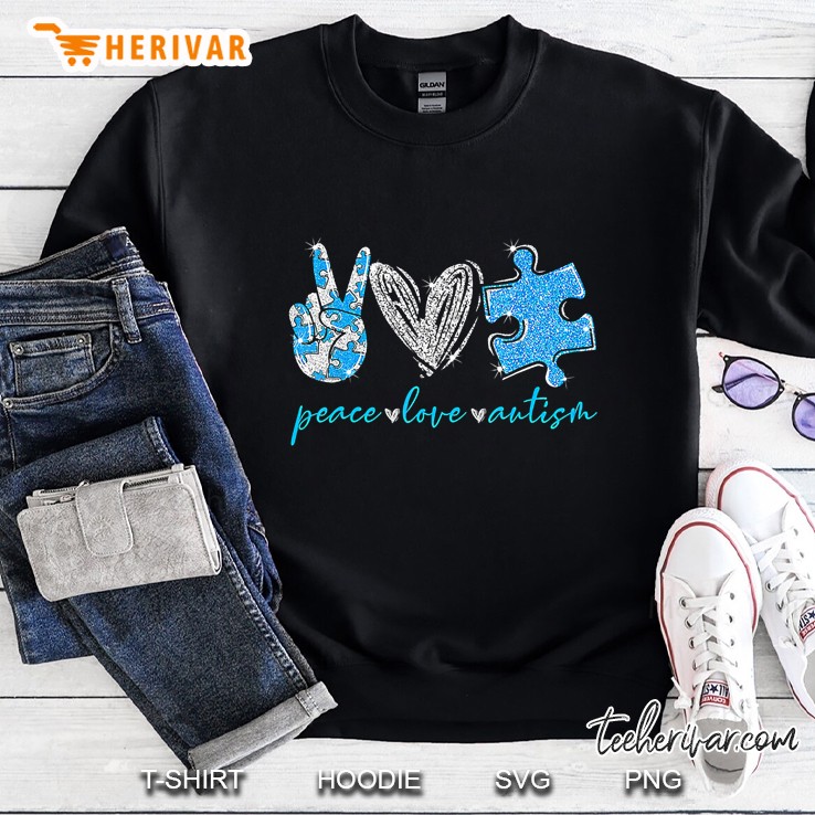 Peace Love Autism Peace Sign Hand Heart And Blue Puzzle Piece Version Sweatshirt