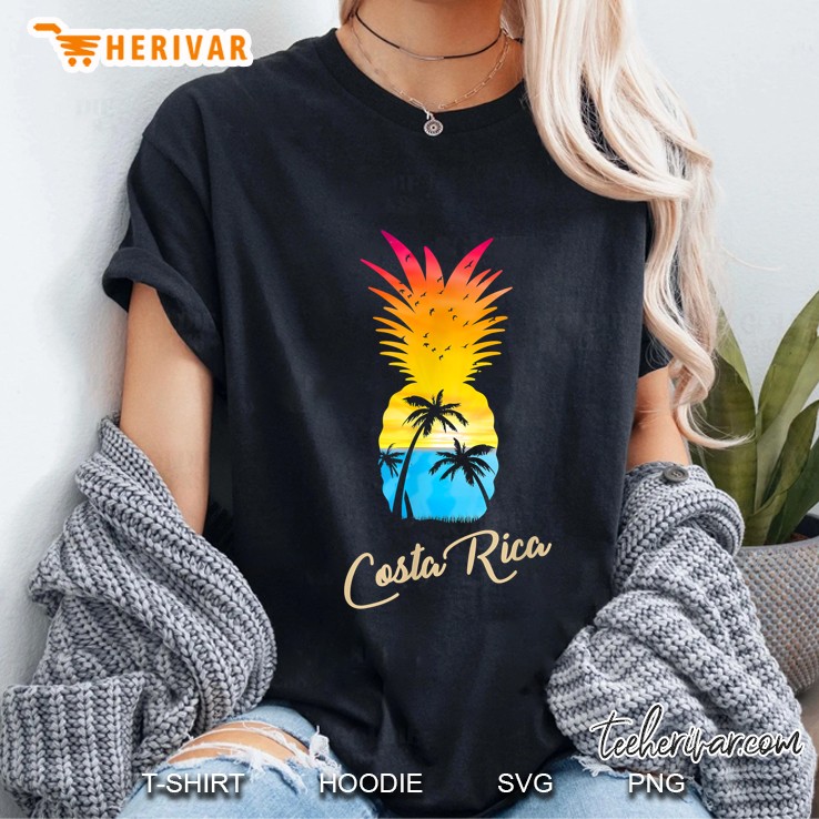 Costa Rica Pineapple Palm Trees Silhouette Sunset Vintage Version Ladies Tee