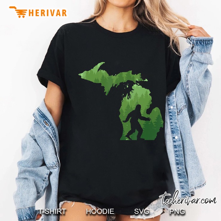 State Of Michigan Map Bigfoot Silhouette Version Ladies Tee