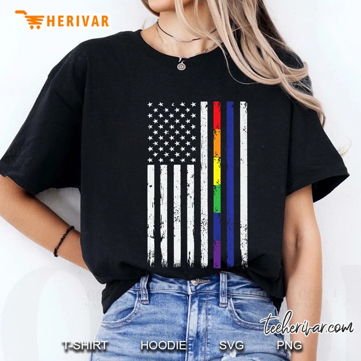Thin Blue Line And Rainbow Line American Flag Ladies Tee