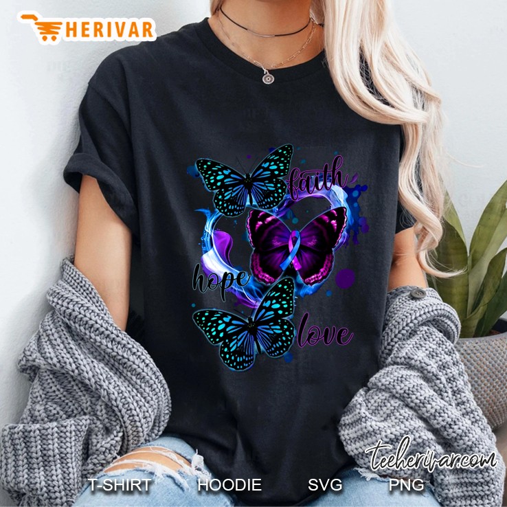 Faith Hope Love Blue And Purple Ribbon Butterflies Version Ladies Tee