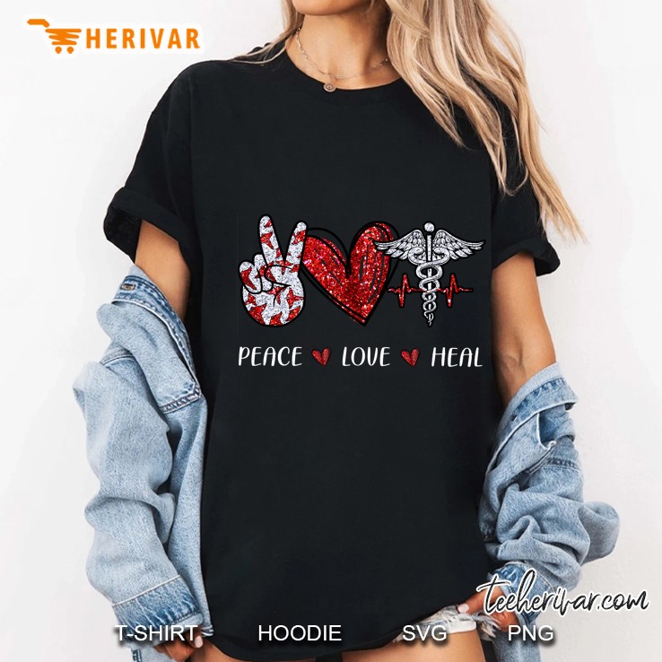 Peace Love Heal Peace Sign Hand Heart And Caduceus Version Ladies Tee