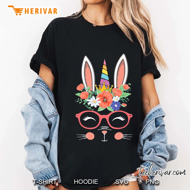 Unicorn With Bunny Ears & Glasses Floral Version Ladies Tee